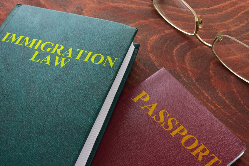 immigration law book and a passport, symbolizing immigration