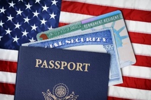 passport social security and green card on us flag