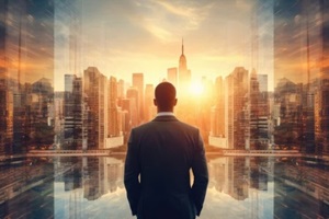 businessman standing back during sunrise overlaid with cityscape concepts of modern life