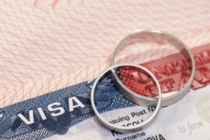 wedding rings on passport with us visa as concept of marriage of convenience